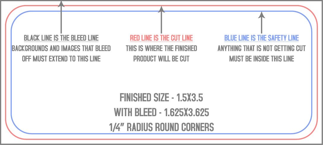 Business Cards 1.5" x 3.5" 1/4" - 4 Rounded Corners - Horizontal trim, safety and fold template guide