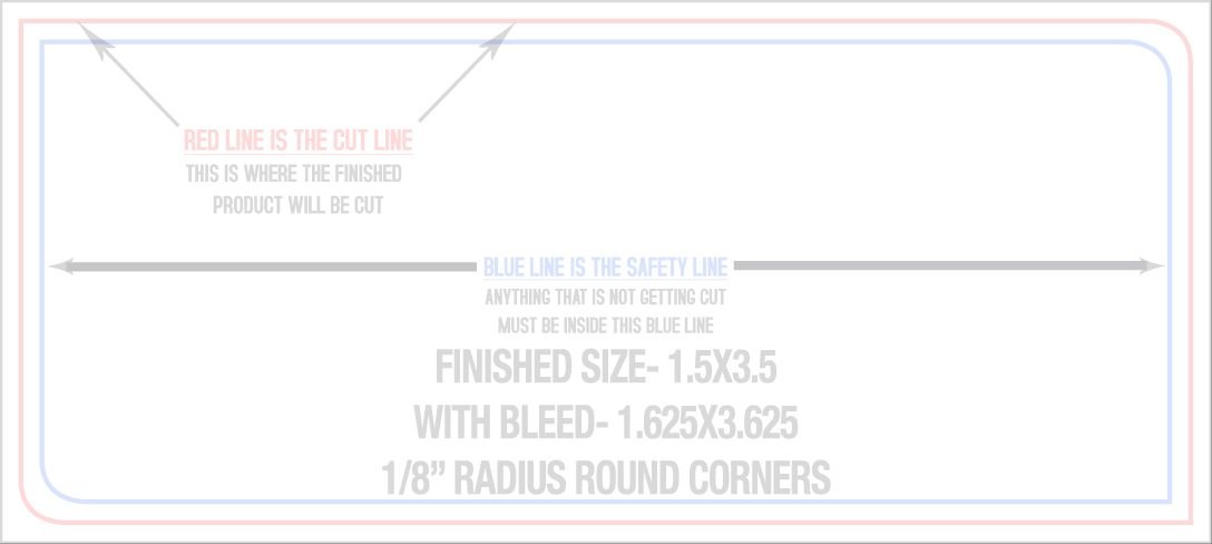 Business Cards 1.5" x 3.5" 1/8" - 2 Rounded Corners - Back - Horizontal trim, safety and fold template guide