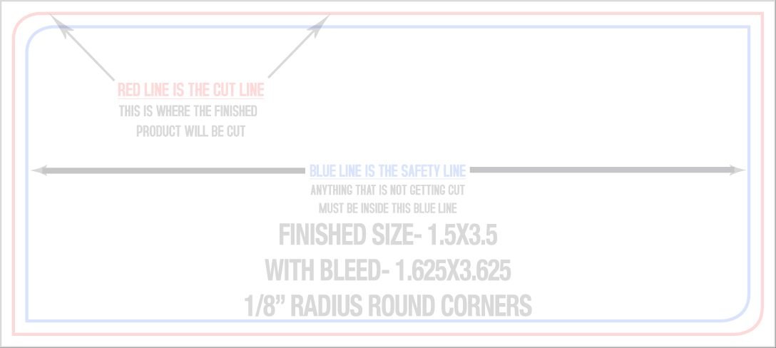 Business Cards 1.5" x 3.5" 1/8" - 2 Rounded Corners - Front - Horizontal trim, safety and fold template guide