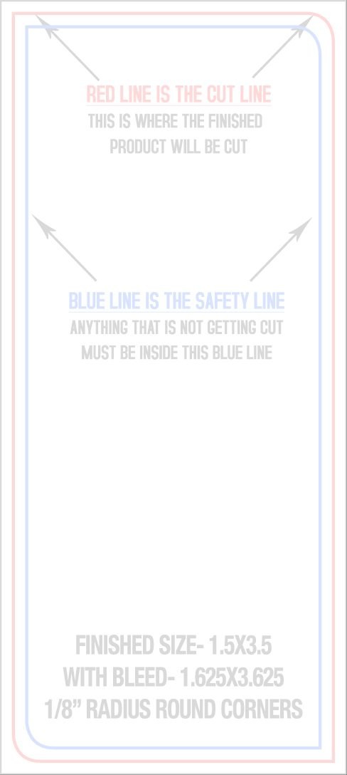 Business Cards 1.5" x 3.5" 1/8" - 2 Rounded Corners - Front - Vertical trim, safety and fold template guide