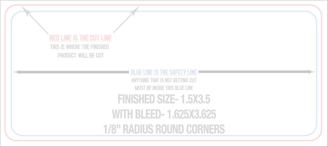 Business Cards 1.5" x 3.5" 1/8" - 4 Rounded Corners - Horizontal trim, safety and fold template guide