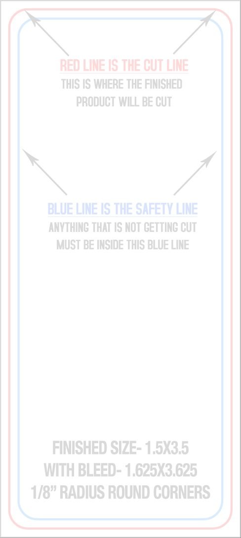 Business Cards 1.5" x 3.5" 1/8" - 4 Rounded Corners - Vertical trim, safety and fold template guide