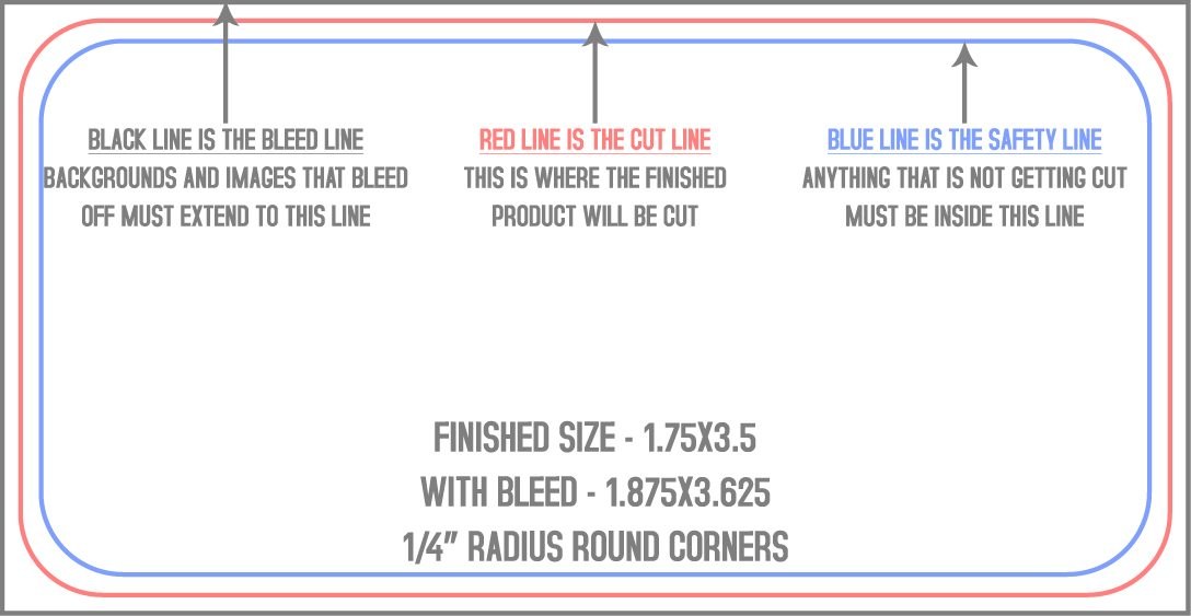 Business Cards 1.75" x 3.5" 1/4" - 4 Rounded Corners - Horizontal trim, safety and fold template guide