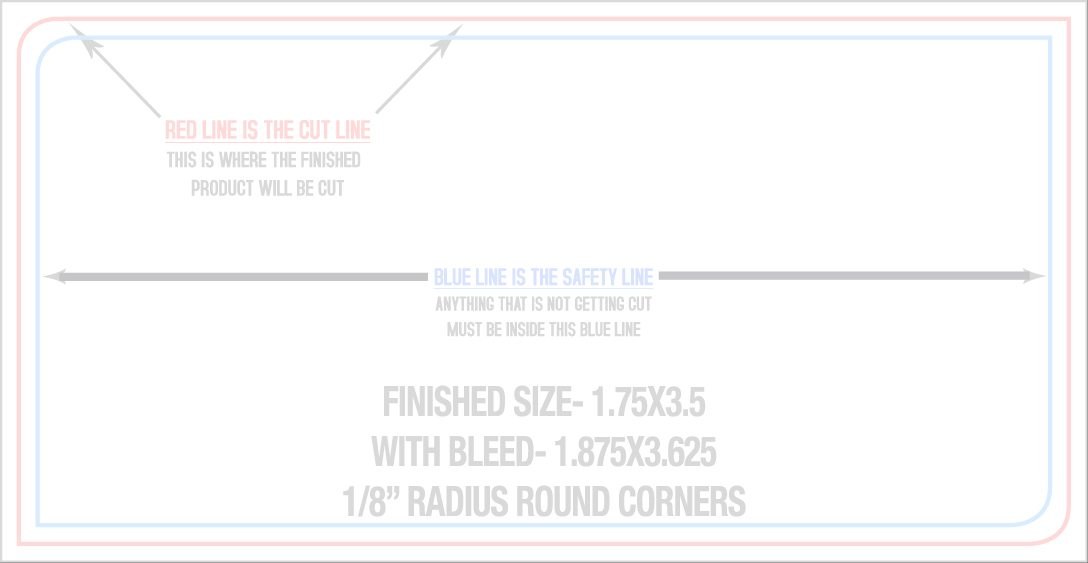 Business Cards 1.75" x 3.5" 1/8" - 2 Rounded Corners - Front - Horizontal trim, safety and fold template guide
