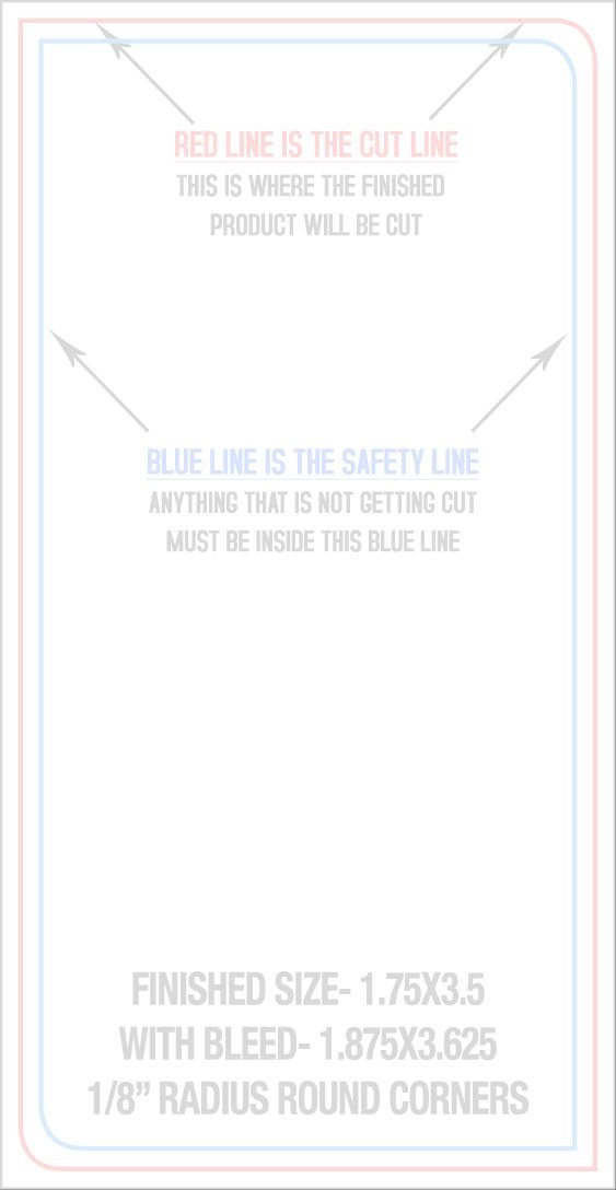 Business Cards 1.75" x 3.5" 1/8" - 2 Rounded Corners - Front - Vertical trim, safety and fold template guide