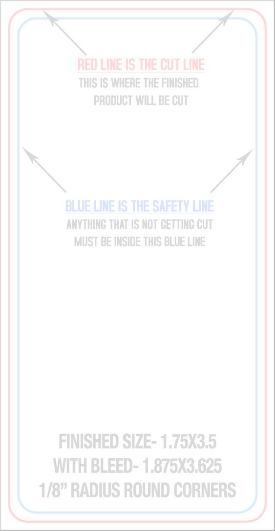 Business Cards 1.75" x 3.5" 1/8" - 4 Rounded Corners - Vertical trim, safety and fold template guide