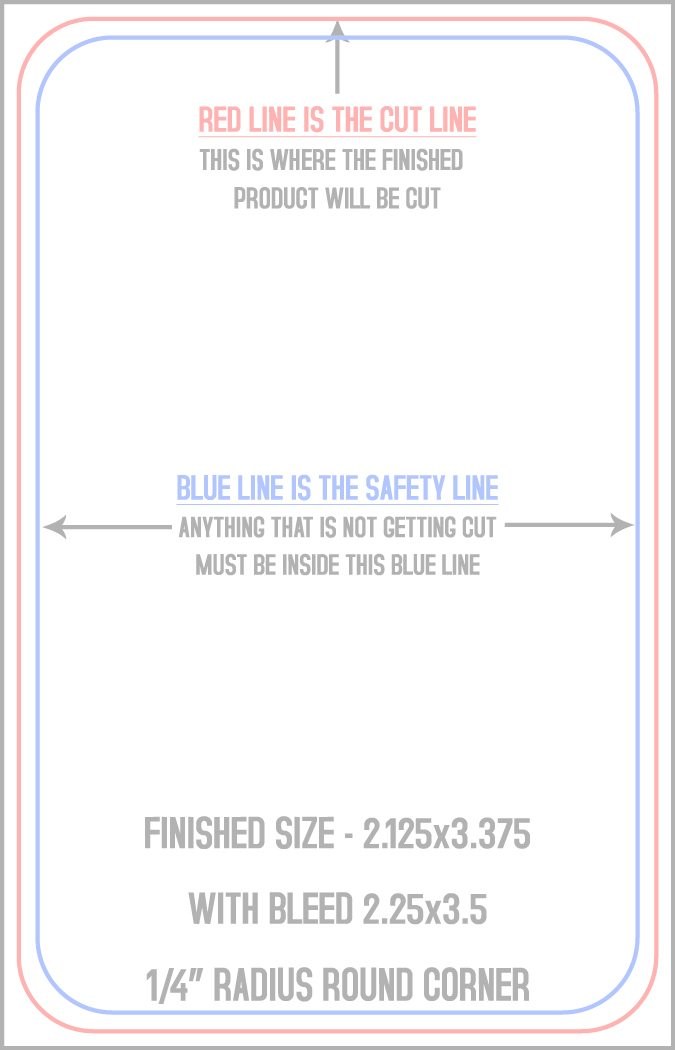 Business Cards 2.125" x 3.375" 1/4" - 4 Rounded Corners - Vertical trim, safety and fold template guide