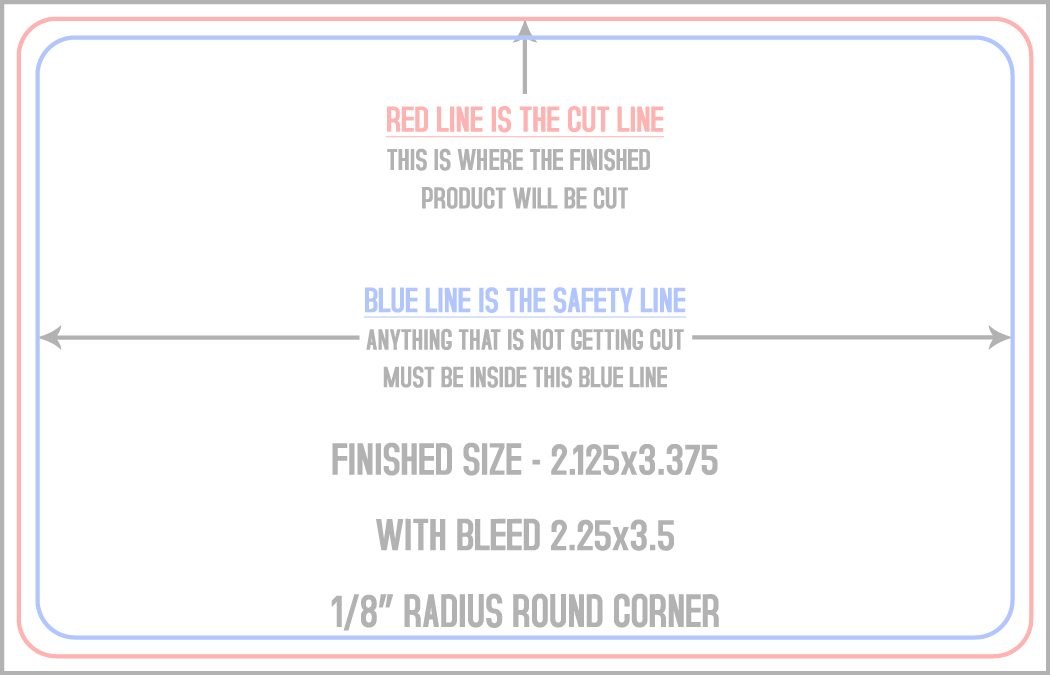 Business Cards 2.125" x 3.375" 1/8" - 4 Rounded Corners - Horizontal trim, safety and fold template guide