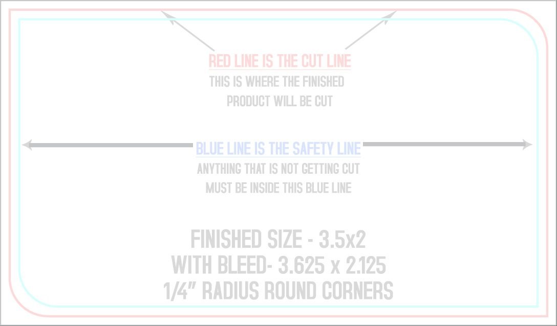 Business Cards 2" x 3.5" 1/4" - 2 Round Corners Back (Horizontal) trim, safety and fold template guide