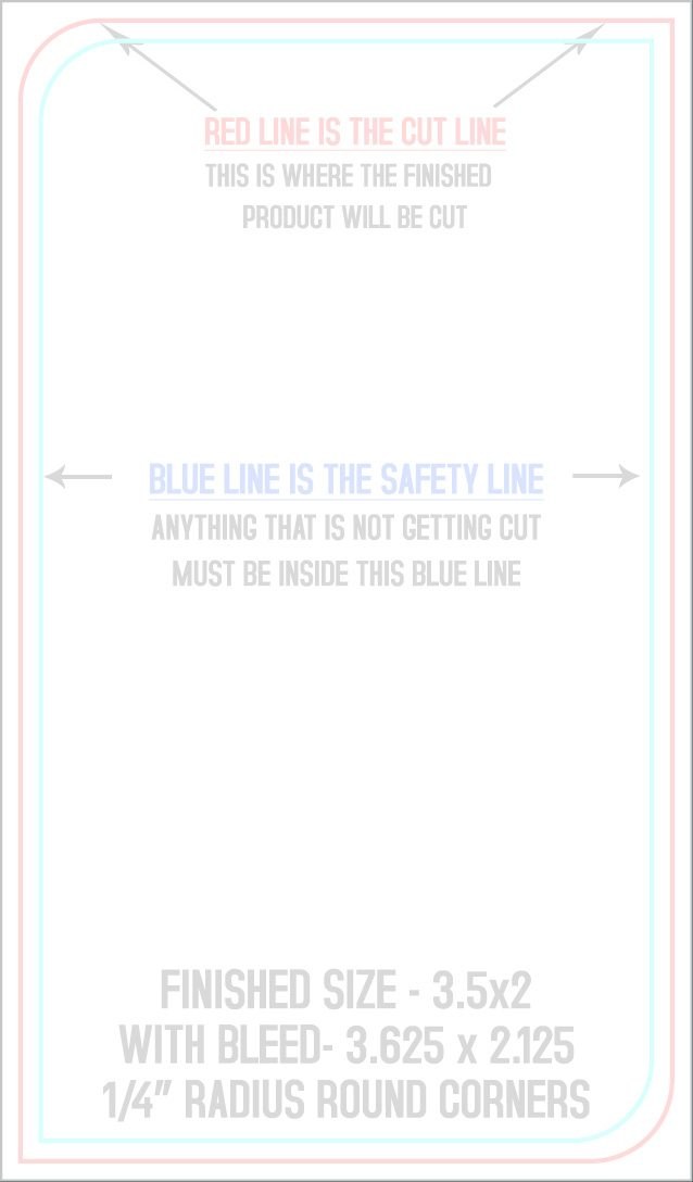 Business Cards 2" x 3.5" 1/4" - 2 Round Corners Back (Vertical) trim, safety and fold template guide