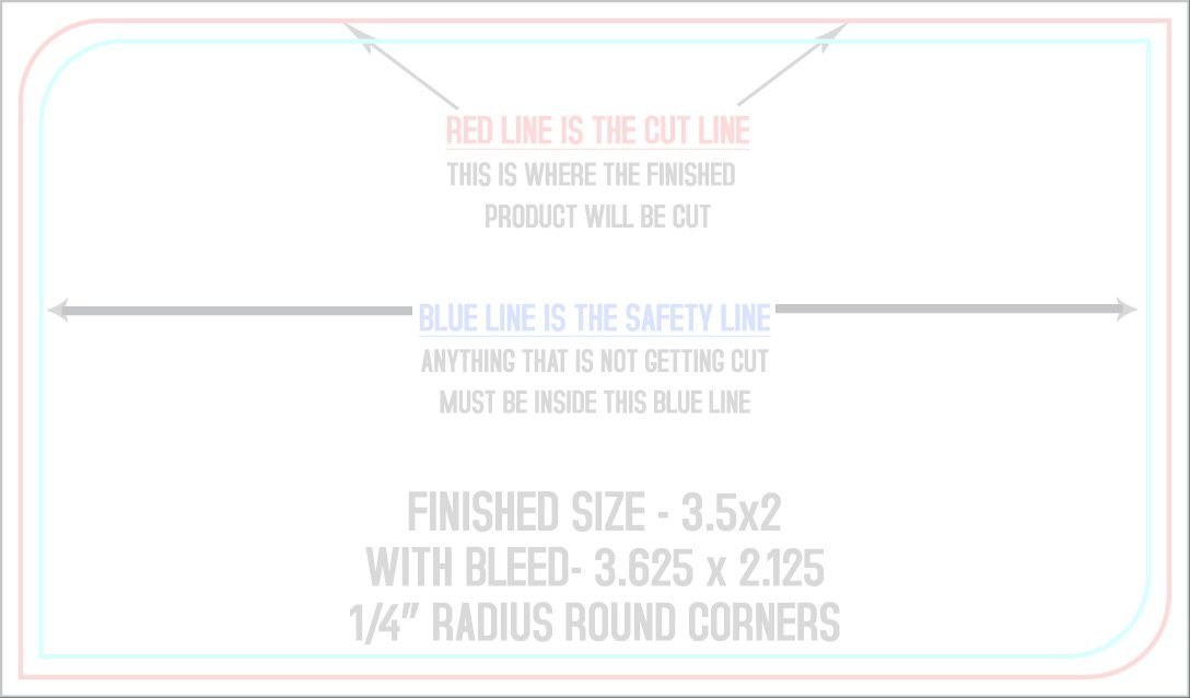 Business Cards 2" x 3.5" 1/4" - 2 Round Corners Front (Horizontal) trim, safety and fold template guide
