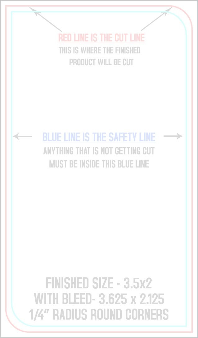 Business Cards 2" x 3.5" 1/4" - 2 Round Corners Front (Vertical) trim, safety and fold template guide