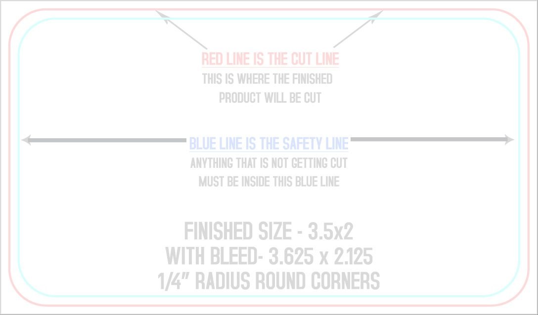 Business Cards 2" x 3.5" 1/4" - 4 Rounded Corners - Horizontal trim, safety and fold template guide