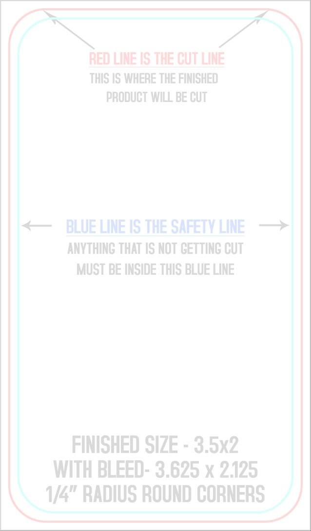 Business Cards 2" x 3.5" 1/4" - 4 Rounded Corners - Vertical trim, safety and fold template guide