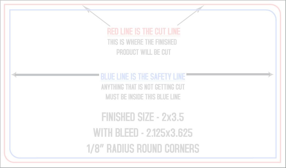Business Cards 2" x 3.5" 1/8" - 2 Rounded Corners - Back - Horizontal trim, safety and fold template guide