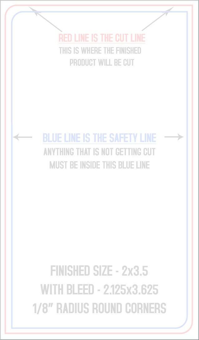 Business Cards 2" x 3.5" 1/8" - 2 Rounded Corners - Back - Vertical trim, safety and fold template guide