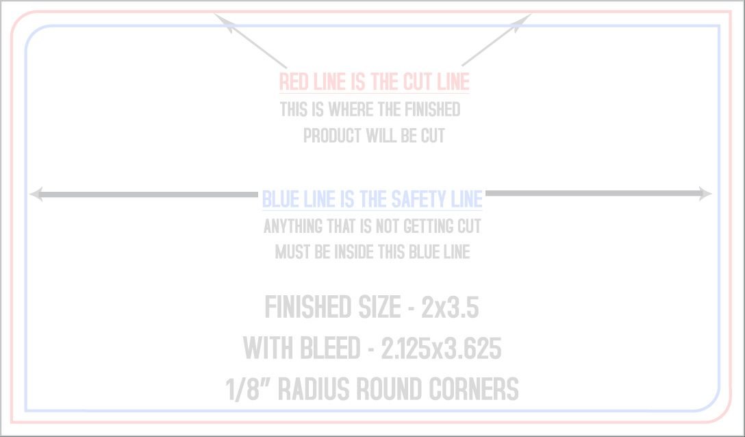 Business Cards 2" x 3.5" 1/8" - 2 Rounded Corners - Front - Horizontal trim, safety and fold template guide