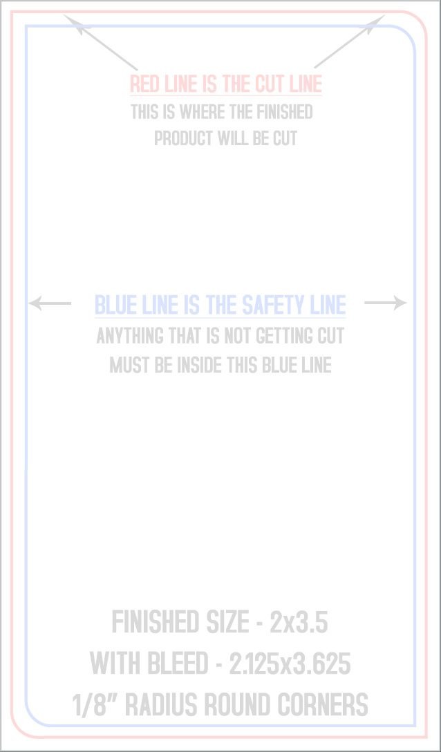 Business Cards 2" x 3.5" 1/8" - 2 Rounded Corners - Front - Vertical trim, safety and fold template guide