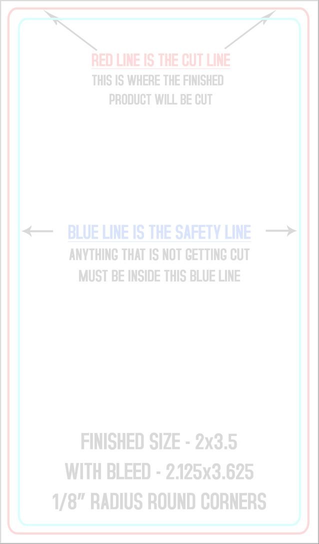Business Cards 2" x 3.5" 1/8" - 4 Rounded Corners - Vertical trim, safety and fold template guide