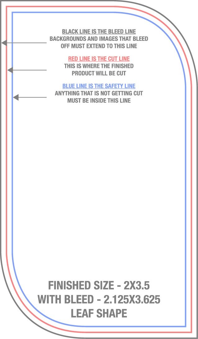 Business Cards 2" x 3.5" Leaf 7/8" (2) Round Corners Front (Vertical) trim, safety and fold template guide