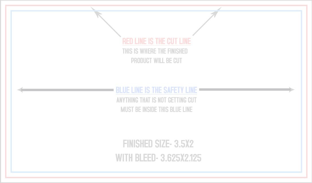 Business Cards 2" x 3.5" Standard (Horizontal) trim, safety and fold template guide