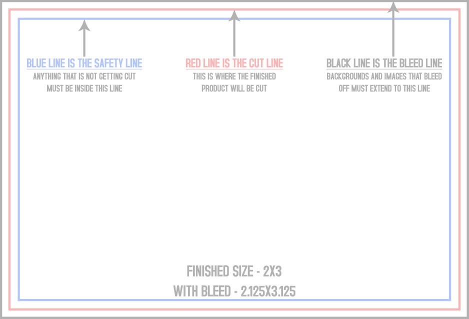 Business Cards 2" x 3" Horizontal trim, safety and fold template guide