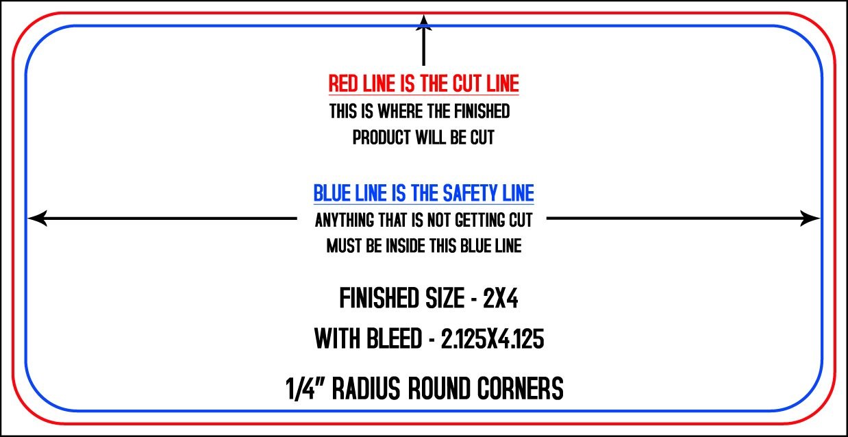Business Cards 2" x 4" 1/4" - 4 Rounded Corners - Horizontal trim, safety and fold template guide