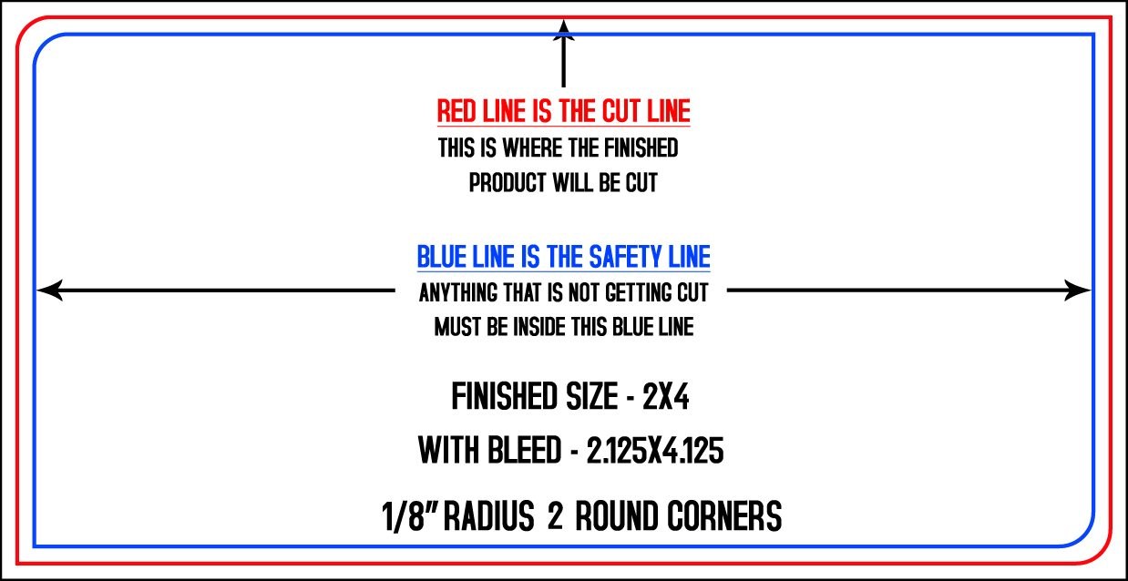 Business Cards 2" x 4" 1/8" - 2 Rounded Corners - Horizontal trim, safety and fold template guide