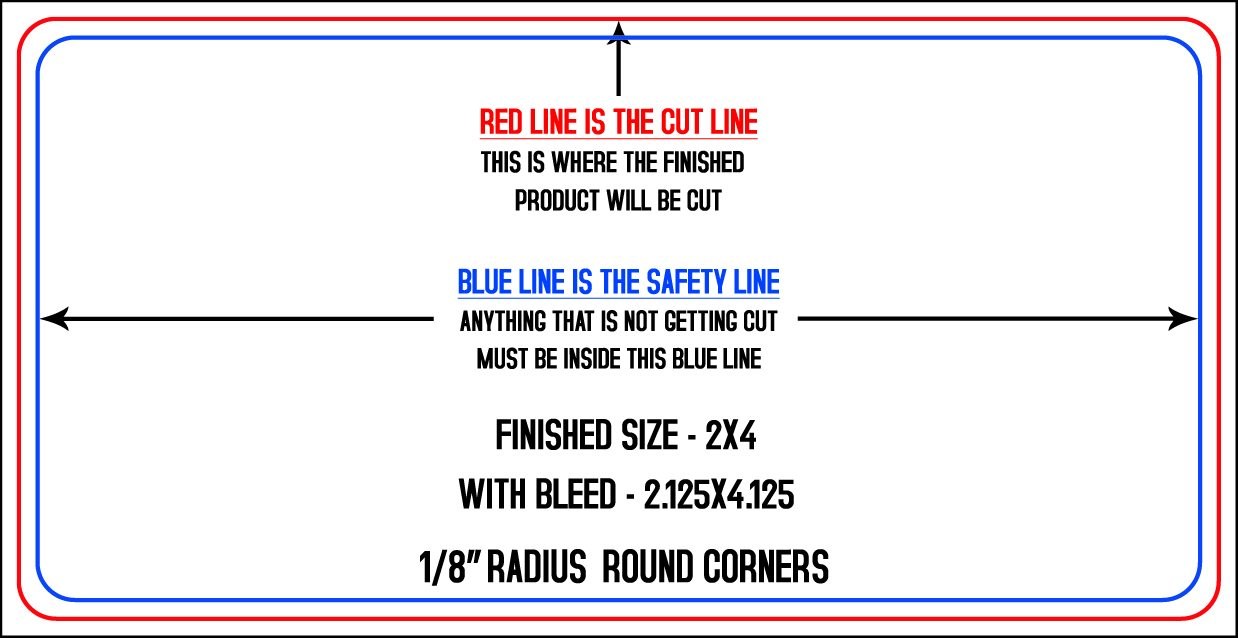 Business Cards 2" x 4" 1/8" - 4 Rounded Corners - Horizontal trim, safety and fold template guide