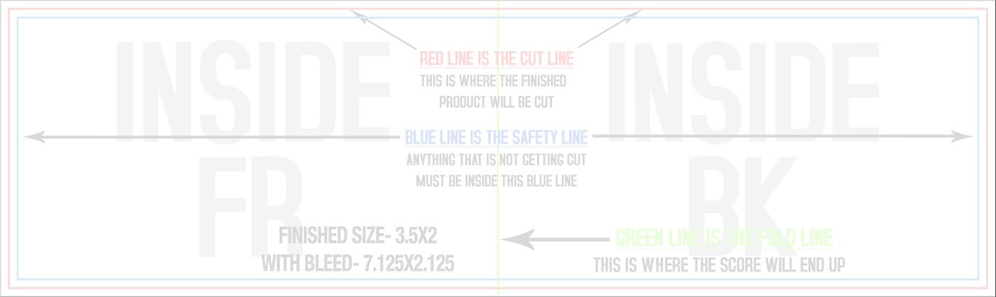 Business Cards 2" x 7" Fold Over Fold Over Back/Inside - Horizontal trim, safety and fold template guide