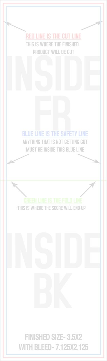 Business Cards 2" x 7" Fold Over Fold Over Back/Inside - Vertical trim, safety and fold template guide