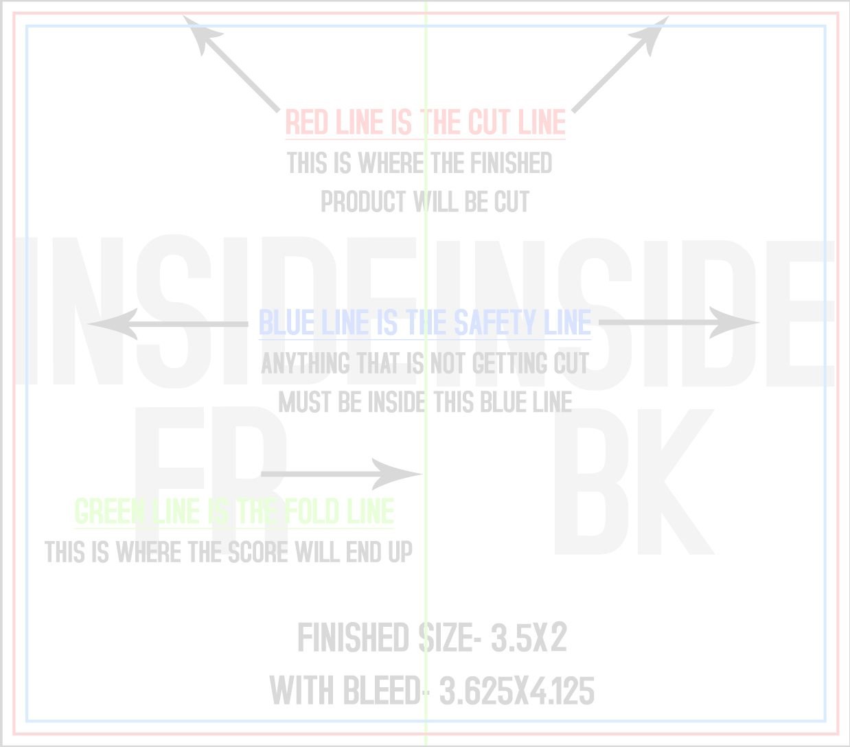 Business Cards 3.5" x 4" Fold Over Fold Over Back/Inside (Vertical) trim, safety and fold template guide