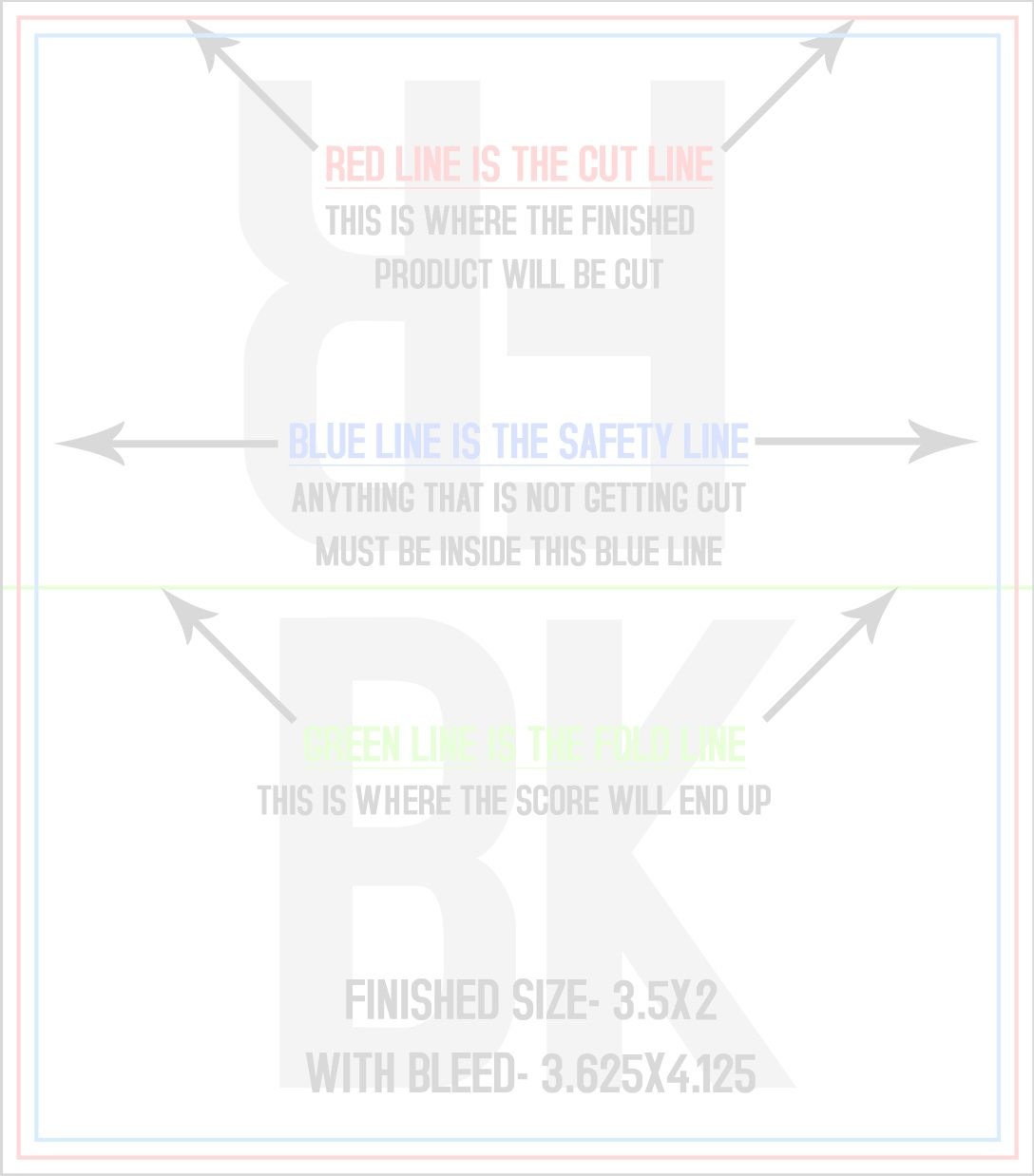 Business Cards 3.5" x 4" Fold Over Fold Over Front/Outside (Horizontal) trim, safety and fold template guide