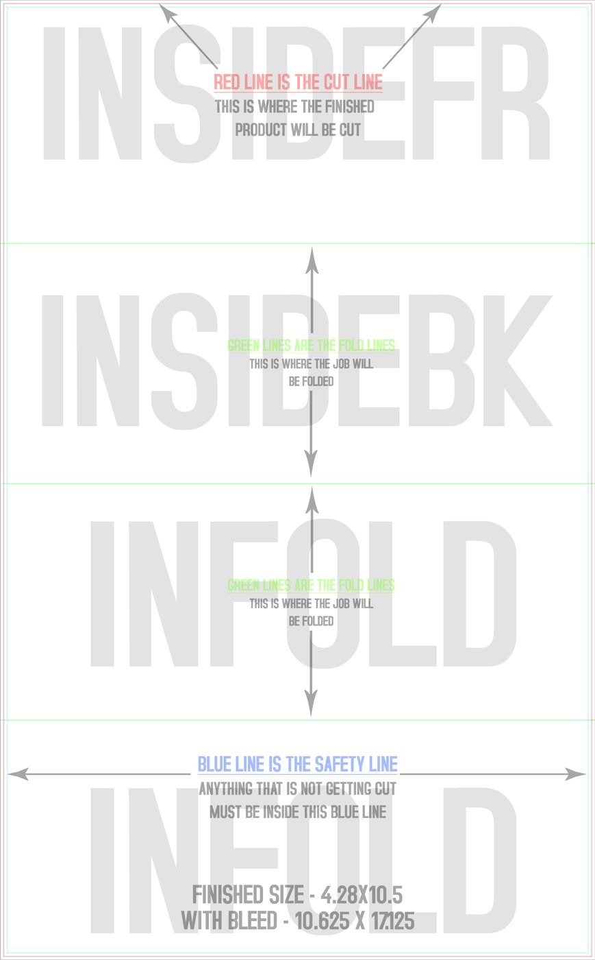 Flyers & Brochures 10.5" x 17" Double Parallel Fold Back/Inside (Vertical) trim, safety and fold template guide