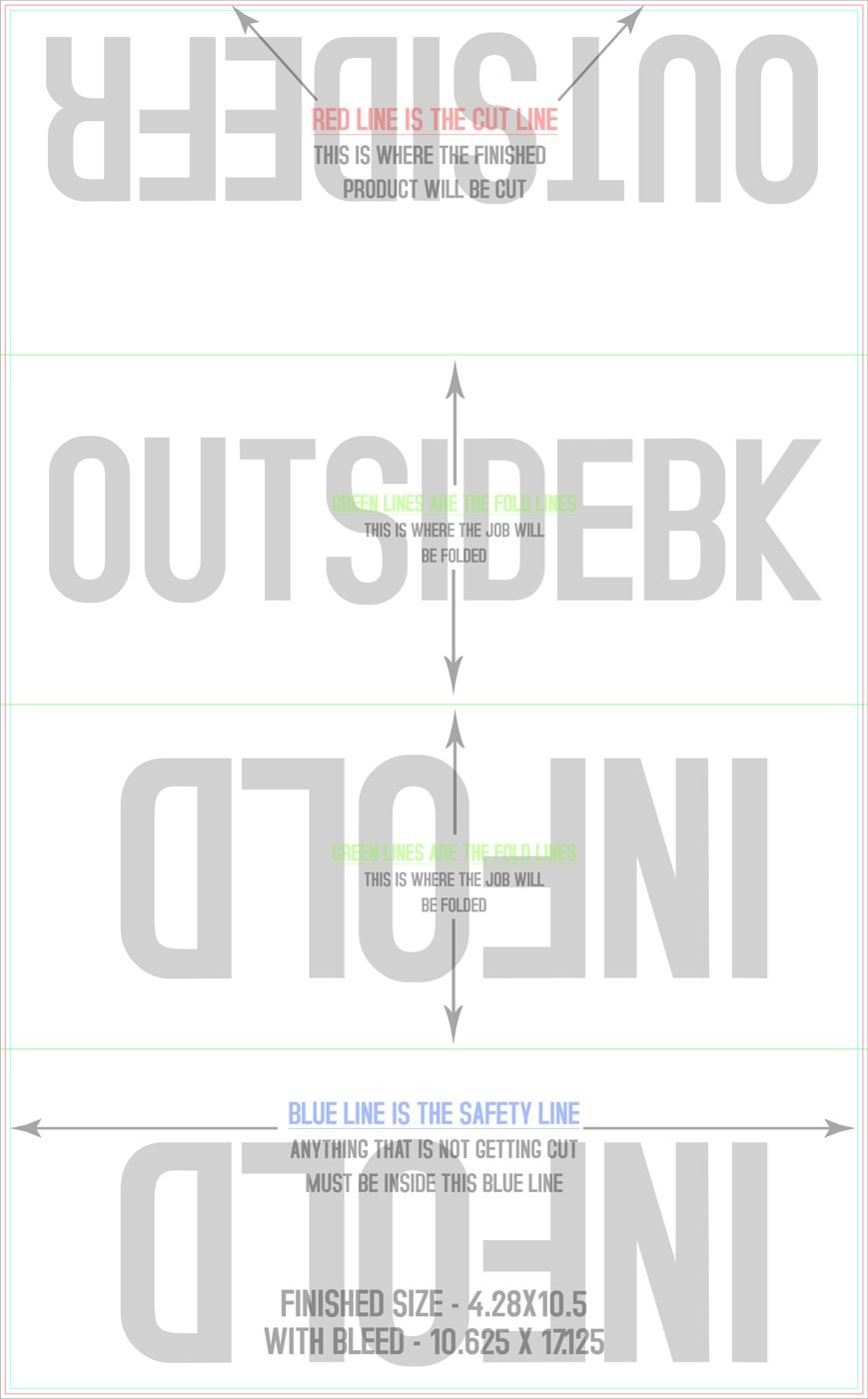 Flyers & Brochures 10.5" x 17" Double Parallel Fold Front/Outside (Vertical) trim, safety and fold template guide