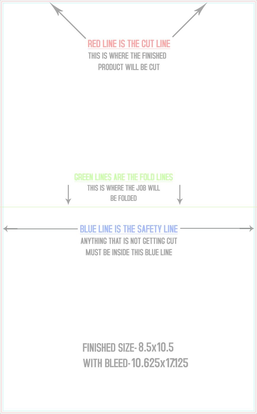 Flyers & Brochures 10.5" x 17" Half Fold (Horizontal) Portrait trim, safety and fold template guide