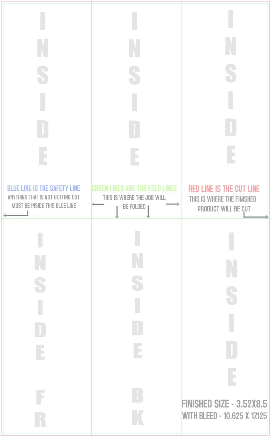Flyers & Brochures 10.5" x 17" Half Fold - Tri Fold Back/Inside trim, safety and fold template guide