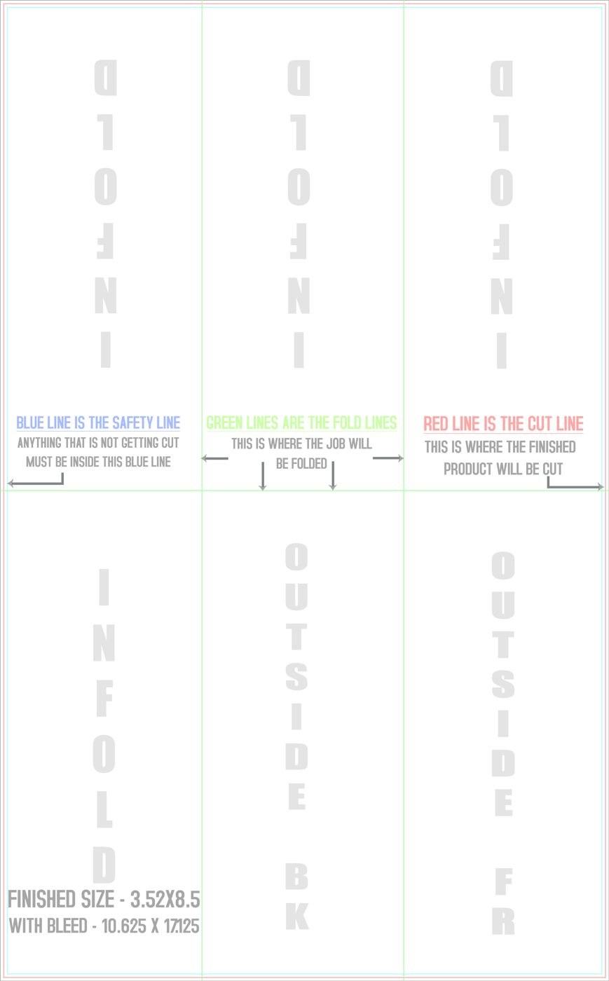 Flyers & Brochures 10.5" x 17" Half Fold - Tri Fold Front/Outside trim, safety and fold template guide