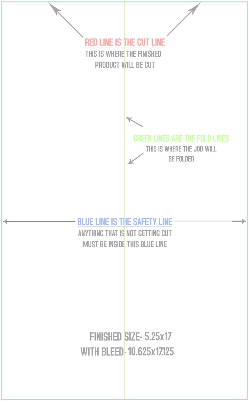 Flyers & Brochures 10.5" x 17" Half Fold (Vertical) Portrait trim, safety and fold template guide