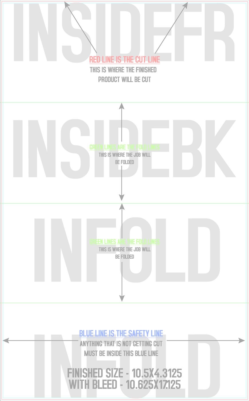 Flyers & Brochures 10.5" x 17" Roll Fold Back/Inside (Vertical) trim, safety and fold template guide
