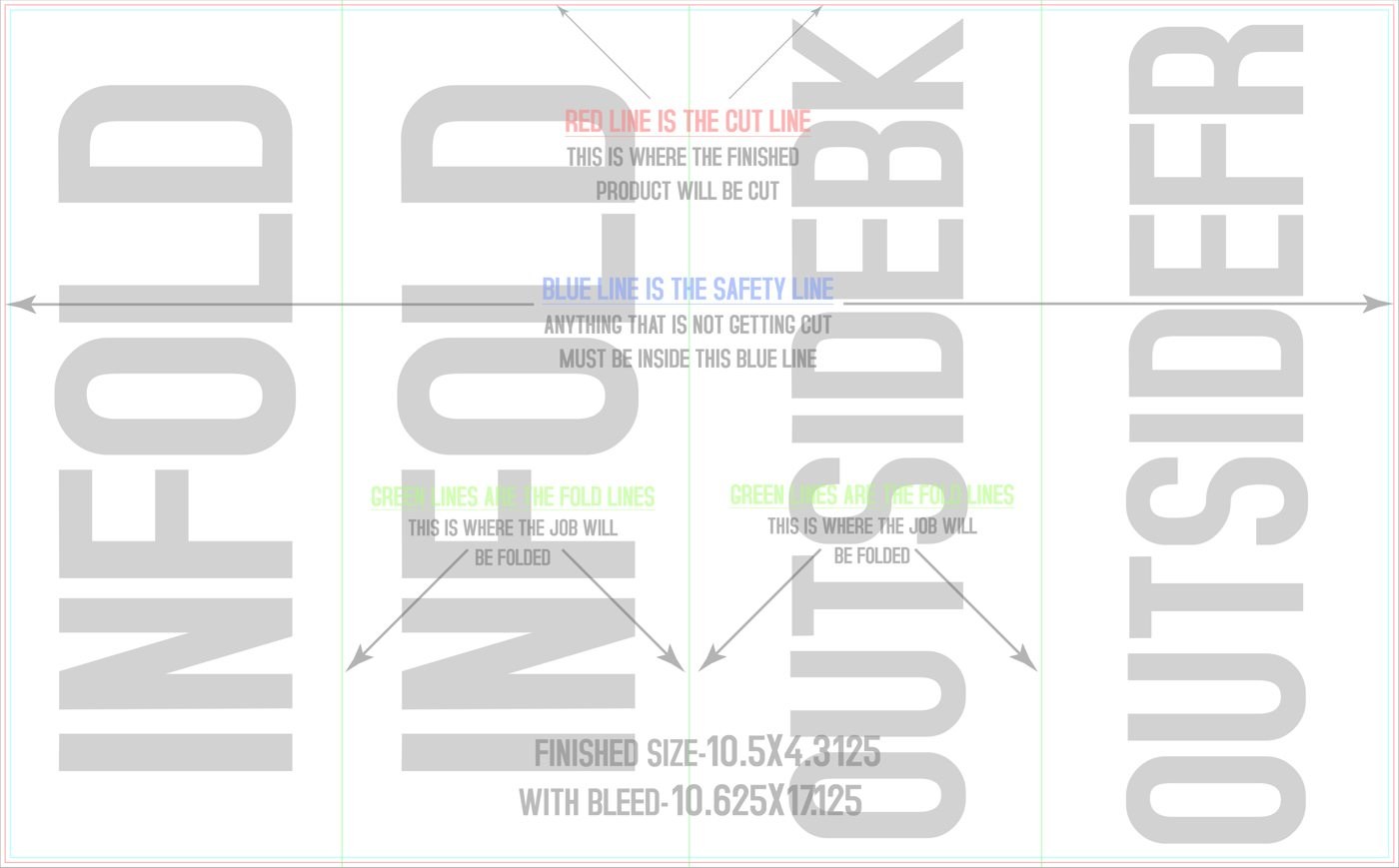 Flyers & Brochures 10.5" x 17" Roll Fold Front/Outside (Horizontal) trim, safety and fold template guide