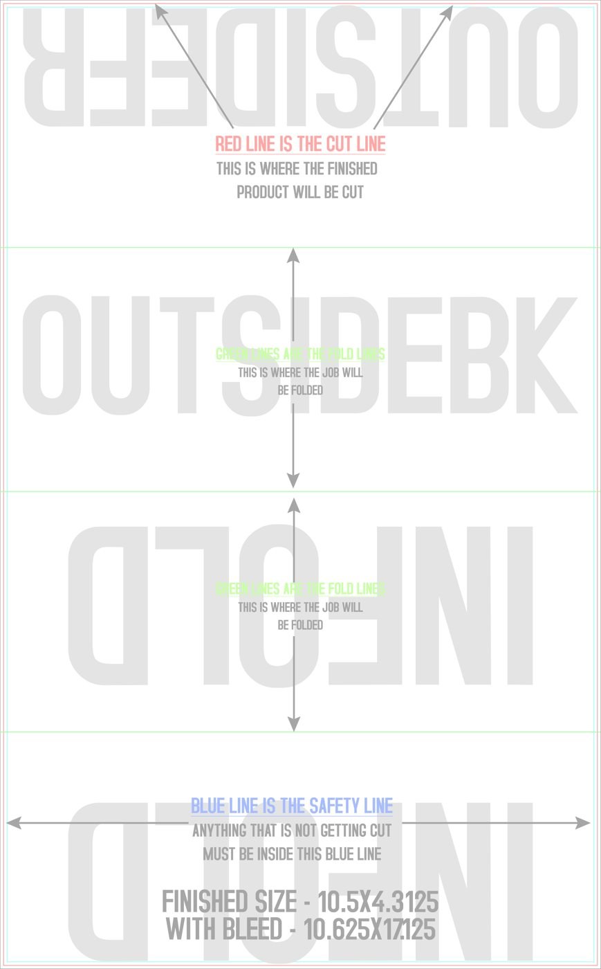 Flyers & Brochures 10.5" x 17" Roll Fold Front/Outside (Vertical) trim, safety and fold template guide