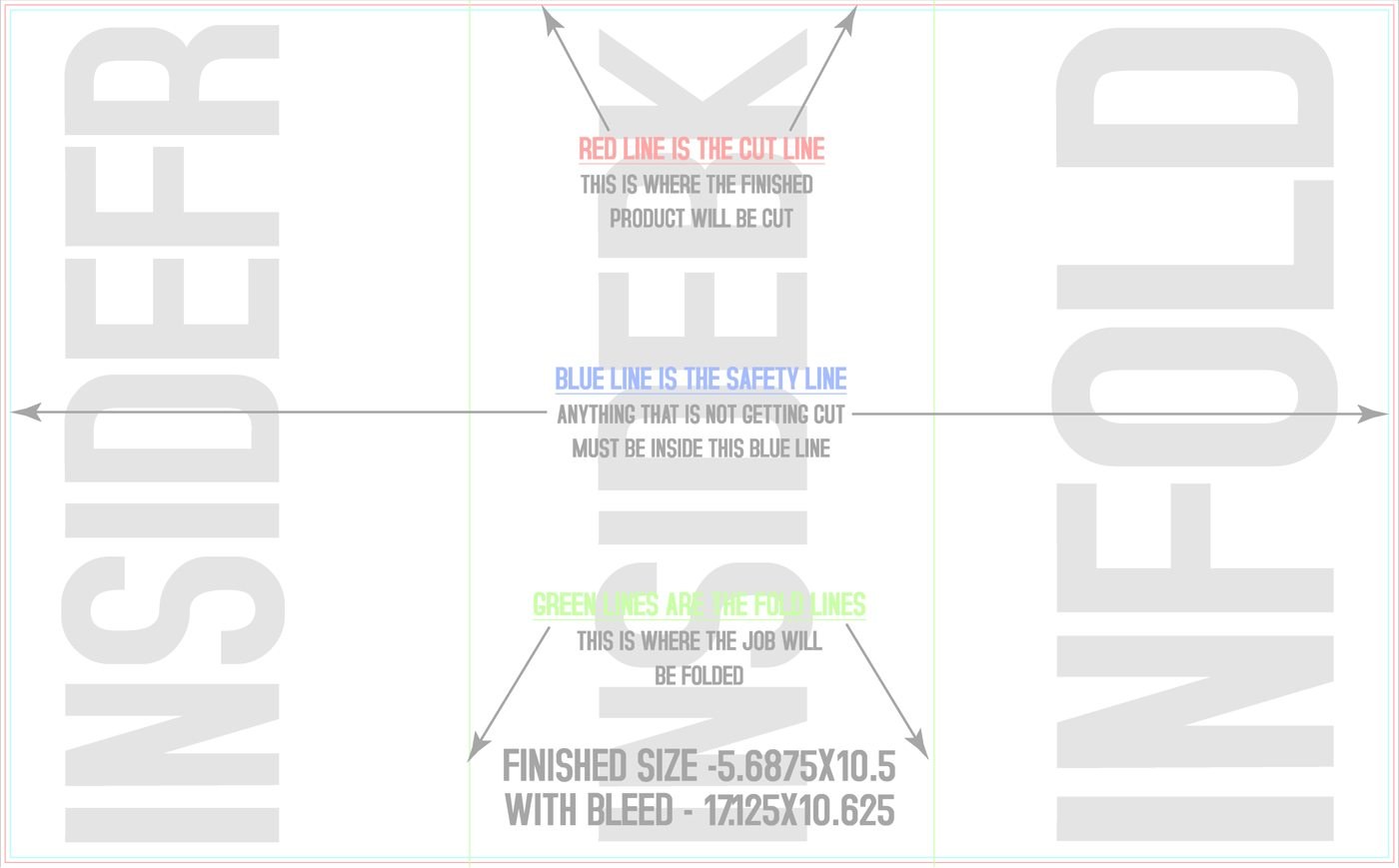 Flyers & Brochures 10.5" x 17" Tri Fold Back/Inside (Horizontal) trim, safety and fold template guide