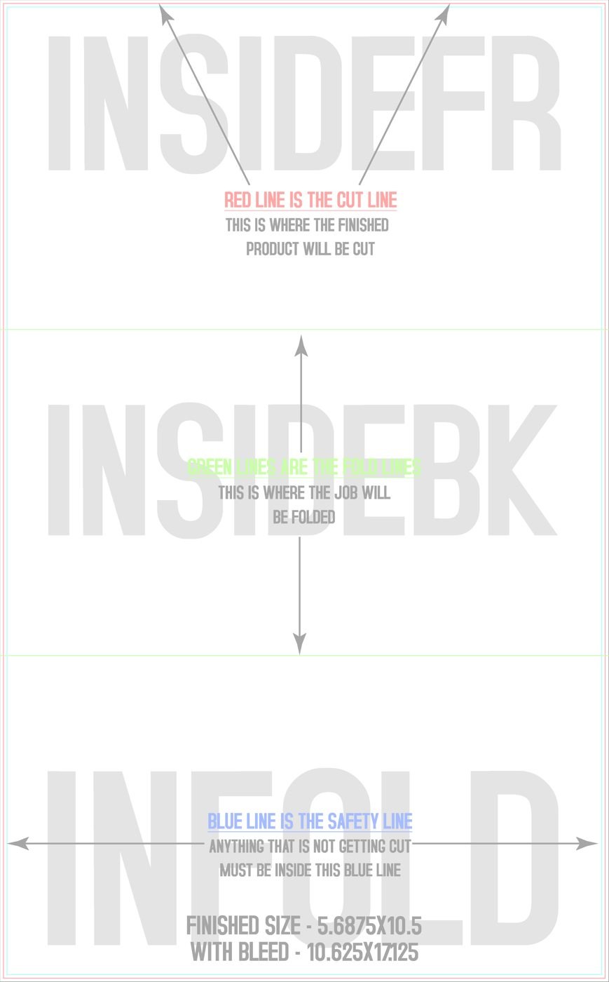 Flyers & Brochures 10.5" x 17" Tri Fold Back/Inside (Vertical) trim, safety and fold template guide
