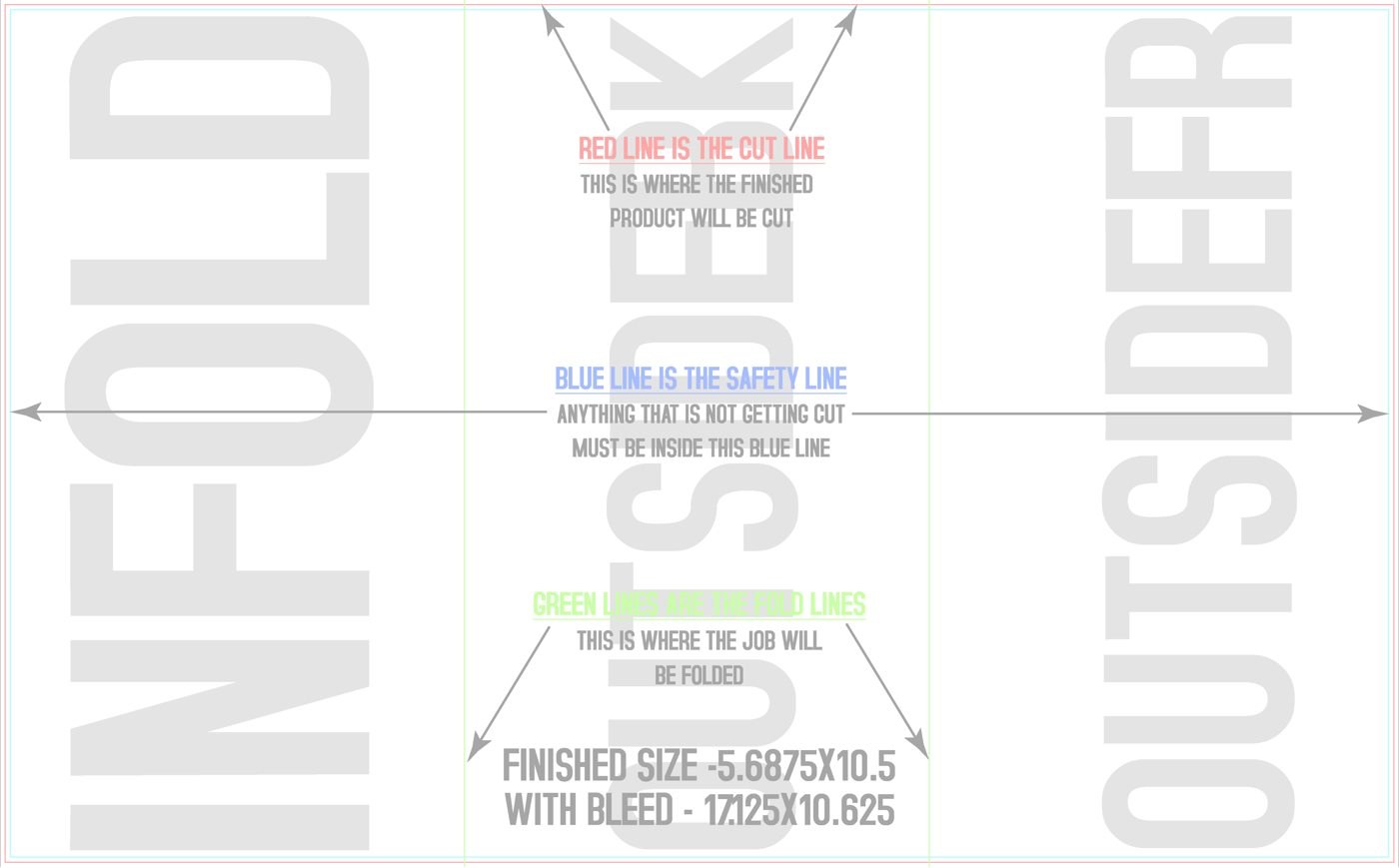 Flyers & Brochures 10.5" x 17" Tri Fold Front/Outside (Horizontal) trim, safety and fold template guide