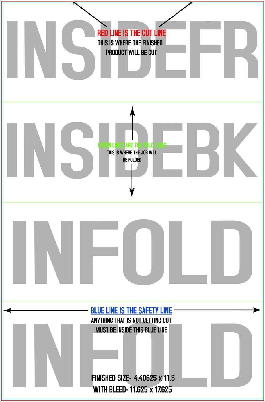 Flyers & Brochures 11.5" x 17.5" Double Parallel Fold Back/Inside (Vertical) trim, safety and fold template guide
