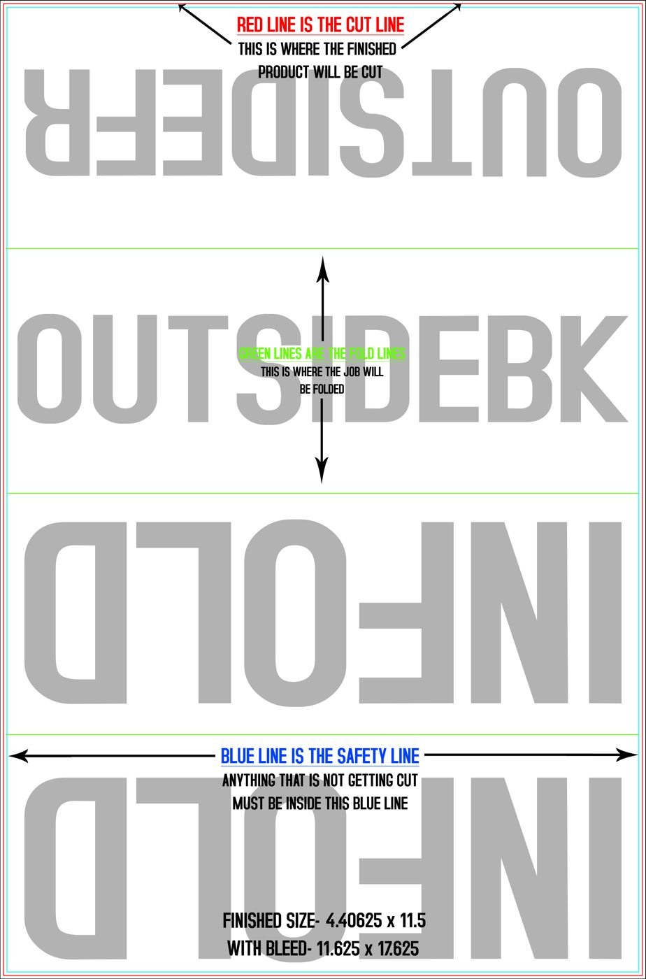 Flyers & Brochures 11.5" x 17.5" Double Parallel Fold Front/Outside (Vertical) trim, safety and fold template guide
