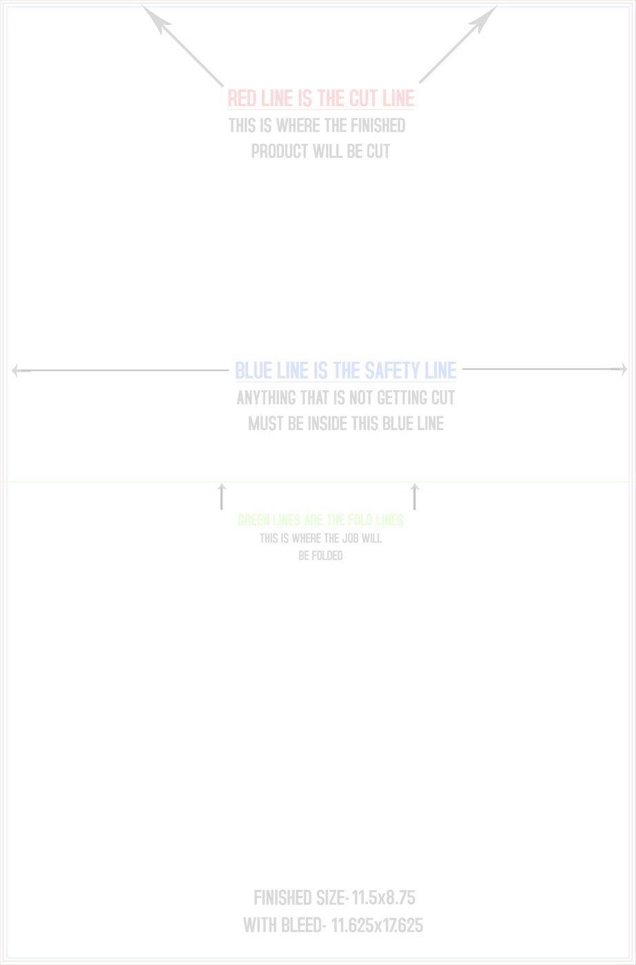 Flyers & Brochures 11.5" x 17.5" Half Fold (Horizontal) Portrait trim, safety and fold template guide