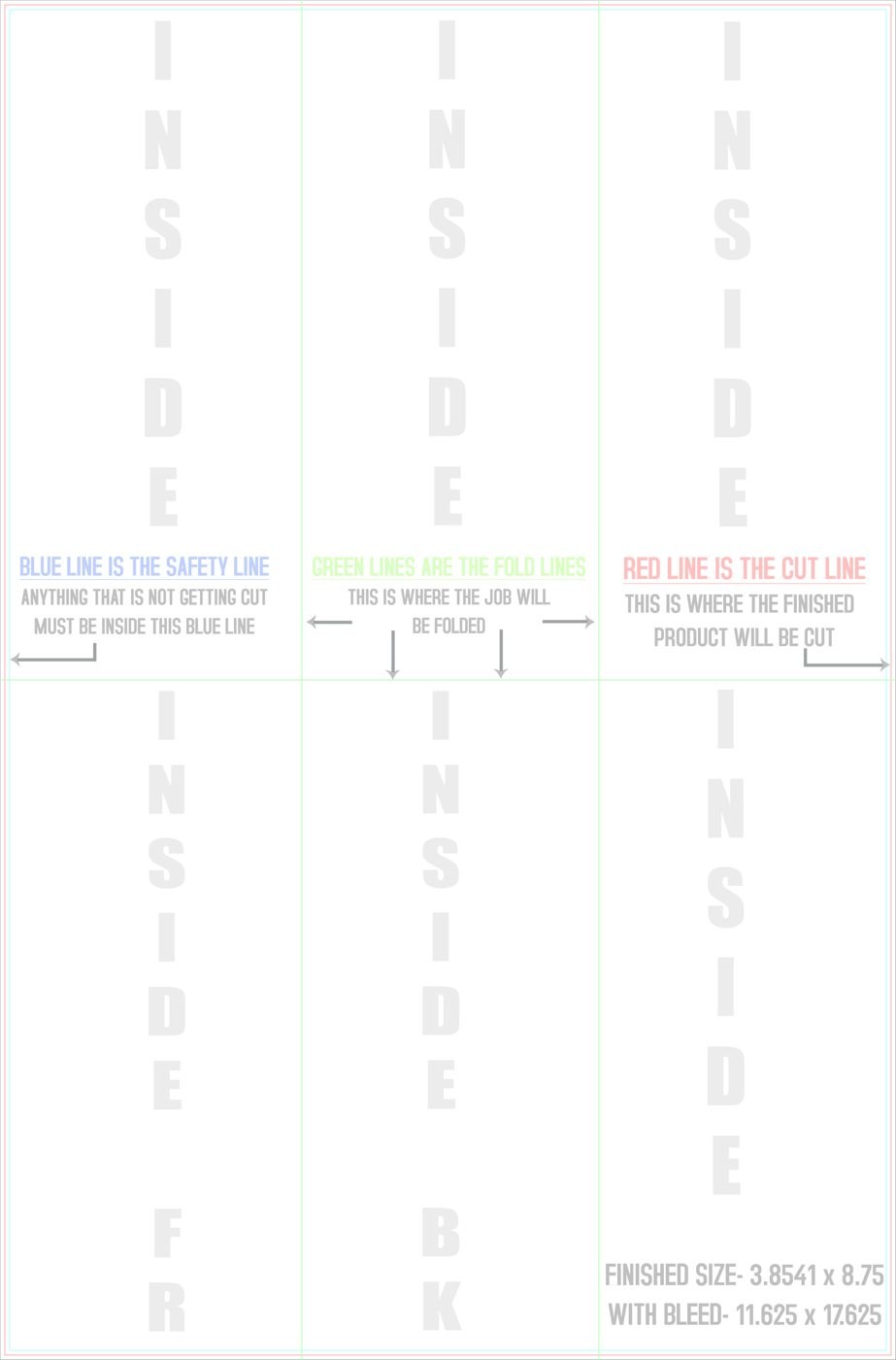 Flyers & Brochures 11.5" x 17.5" Half Fold - Tri Fold Back/Inside trim, safety and fold template guide