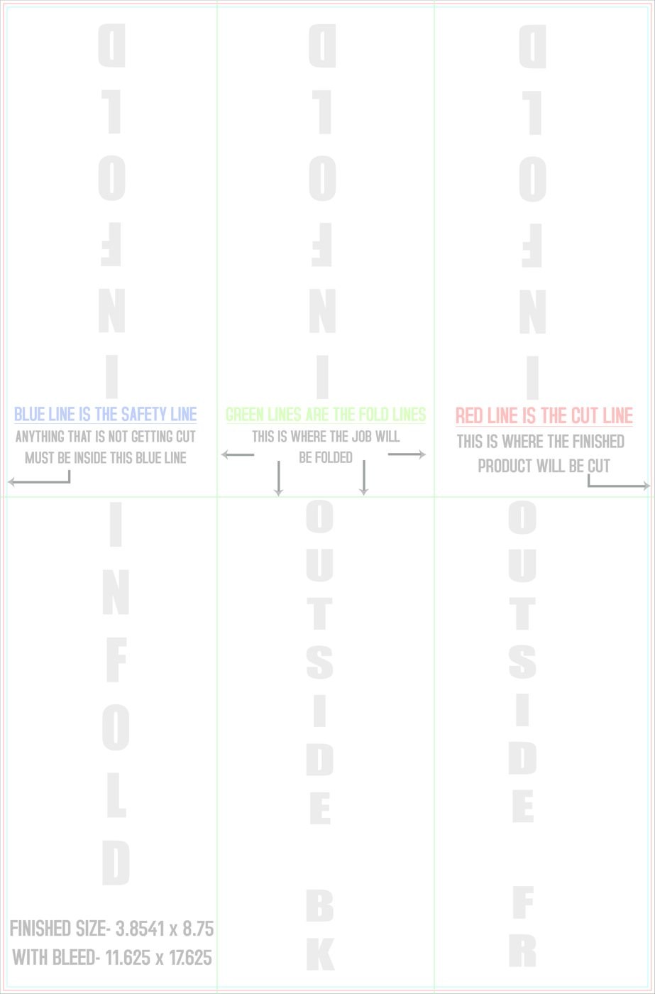 Flyers & Brochures 11.5" x 17.5" Half Fold - Tri Fold Front/Outside trim, safety and fold template guide